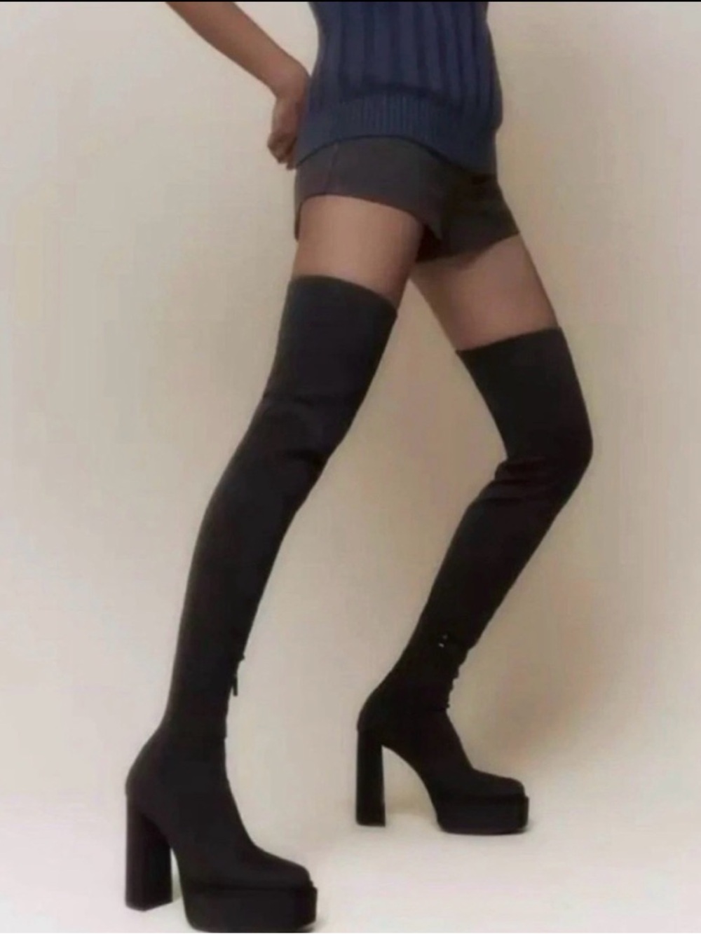 Zara Over-the-Knee Platform Block Heel Boots - Black